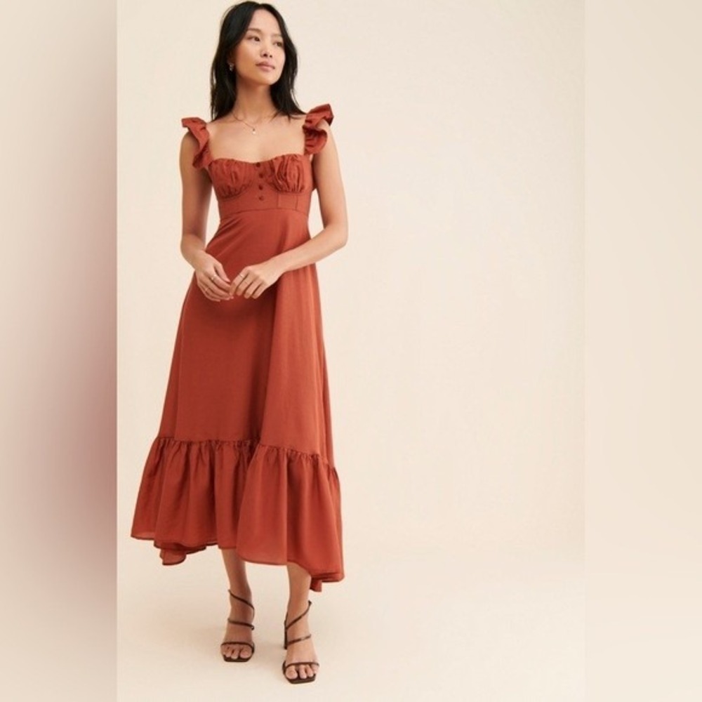Farm Rio Maxi Dress Womens M Rust Orange NWT Ruffle Strap Sweetheart Neck Boho